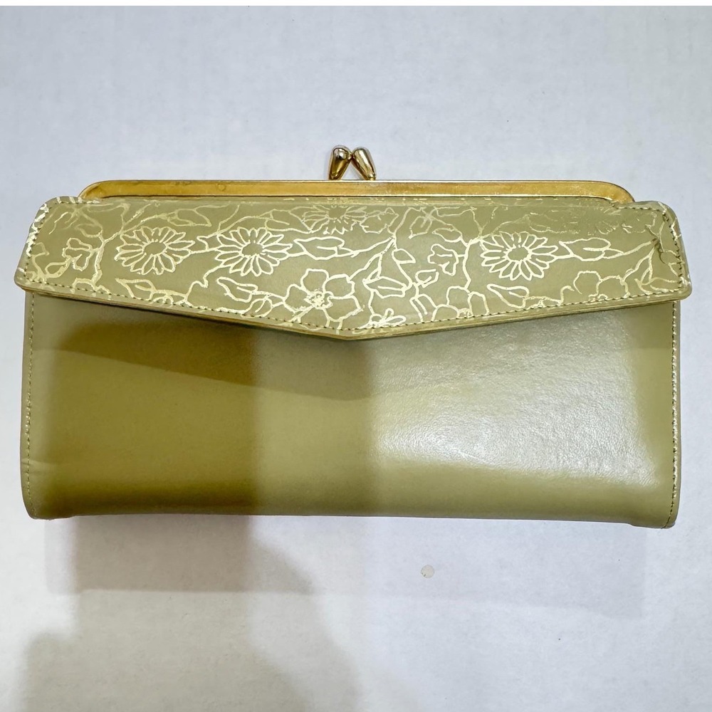 VTG Sage Green Floral Gold Embossed leather Kiss Lock Clutch Wallet Organizer